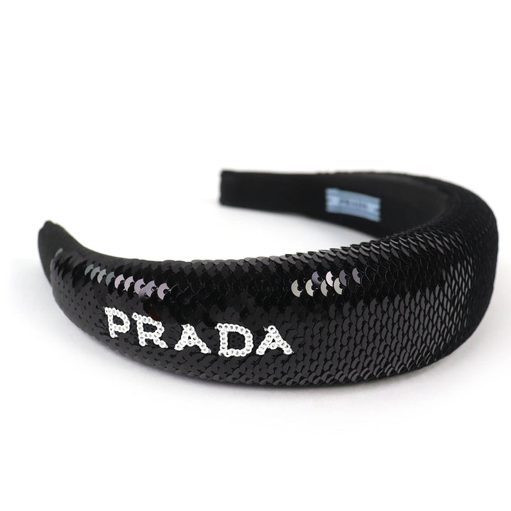 極美品△PRADA プラダ 1IH019 ロゴ スパンコール カチューシャ ヘアバンド ヘッドバンド ヘアアクセサリー ブラック レディース オススメ