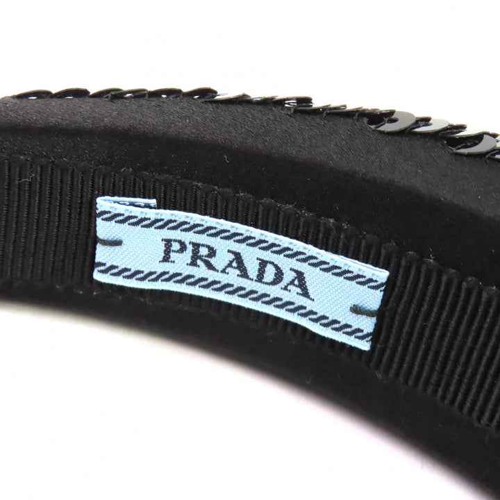 極美品△PRADA プラダ 1IH019 ロゴ スパンコール カチューシャ ヘアバンド ヘッドバンド ヘアアクセサリー ブラック レディース オススメ