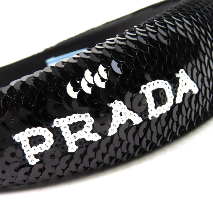 極美品△PRADA プラダ 1IH019 ロゴ スパンコール カチューシャ ヘアバンド ヘッドバンド ヘアアクセサリー ブラック レディース オススメ