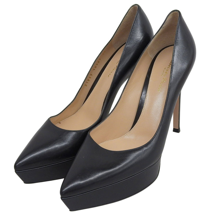 美品▲Gianvito Rossi ジャンヴィト ロッシ ポインテッドトゥ プラットフォーム レザー パンプス ブラック 38 イタリア製 レディース
