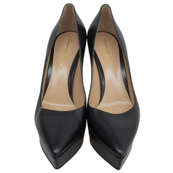 美品▲Gianvito Rossi ジャンヴィト ロッシ ポインテッドトゥ プラットフォーム レザー パンプス ブラック 38 イタリア製 レディース