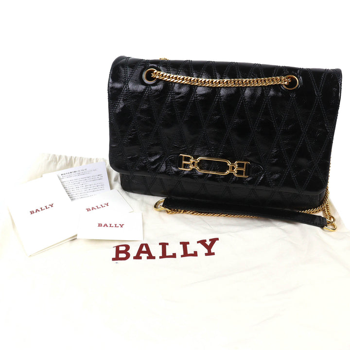 未使用品△BALLY バリー VIVA SM ビバ レザー ロゴ金具 喜平 チェーン ショルダーバッグ ブラック ゴールド金具 保存袋付き レディース
