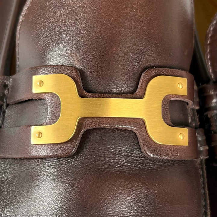 美品▲HERMES エルメス ゴールド金具 Hロゴ金具 ビット ローファー レザーシューズ ブラウン 40.5 保存袋付き イタリア製 メンズ