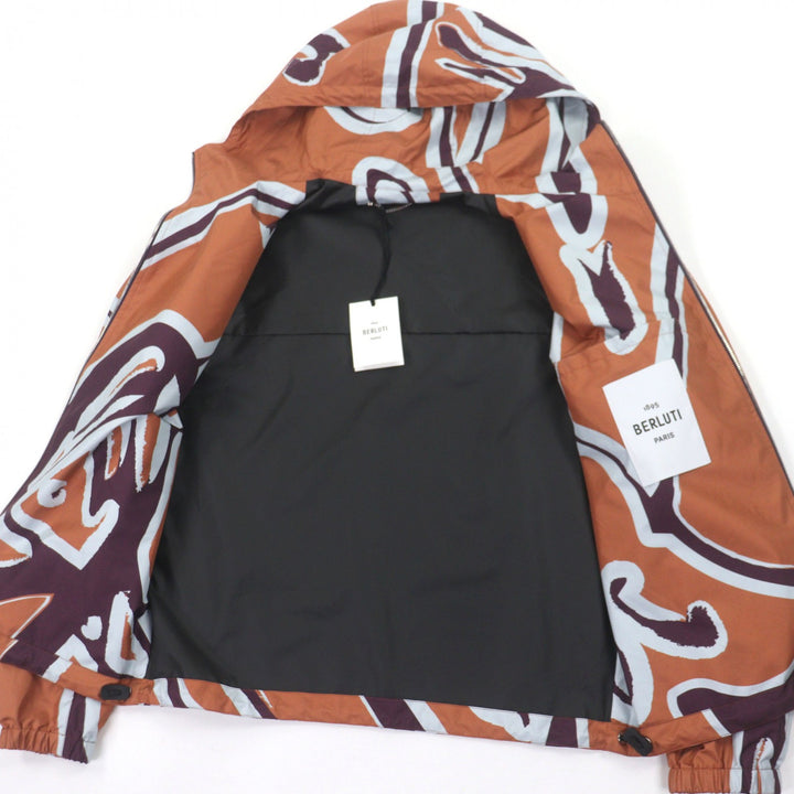 極美品▼BERLUTI ベルルッティ R22OBU84 PRINTED SILK SCRITTO B-WAY シルク100% レザーロゴパッチ ZIPUP ジャケット パーカー 46 正規品