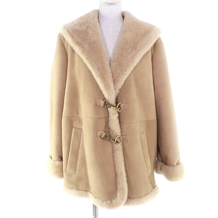極美品★COACH コーチ CF025 シープスキン ショールシアリング ムートンコート ベージュ ゴールド金具 M 正規品 レディース