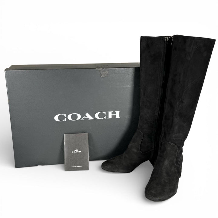 未使用品▲COACH コーチ FG2912 TONI SDE BOOT ロゴ金具 スウェードレザー ロングブーツ ブラック 6.5 箱付き レディース