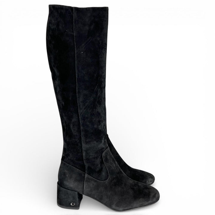 未使用品▲COACH コーチ FG2912 TONI SDE BOOT ロゴ金具 スウェードレザー ロングブーツ ブラック 6.5 箱付き レディース
