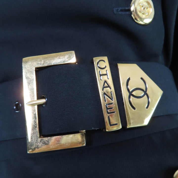 美品☆CHANEL シャネル ヴィンテージ 23572 ウール ココマークボタン ベルト付 長袖 タイトワンピース ブラック 34 フランス製 レディース