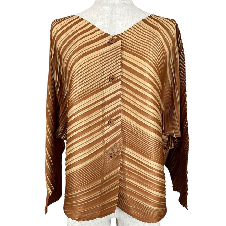 極美品▲PLEATS PLEASE プリーツプリーズ イッセイミヤケ PP03-J0562 ダイヤゴナル カーディガン ブラウン 3 日本製 正規品 レディース