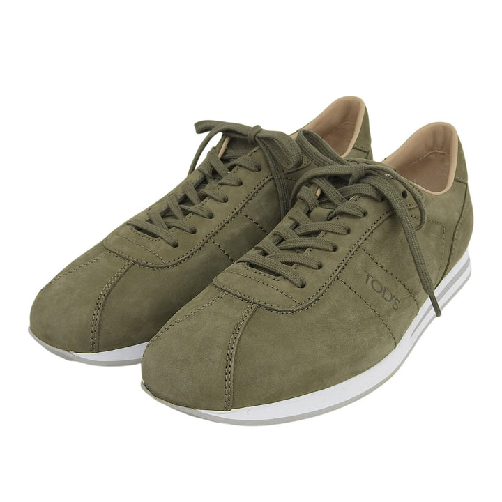 未使用品▲TOD’S トッズ ヌバック Leather ロゴエンボス レースアップ ローカットスニーカー カーキ 8 イタリア製 メンズ