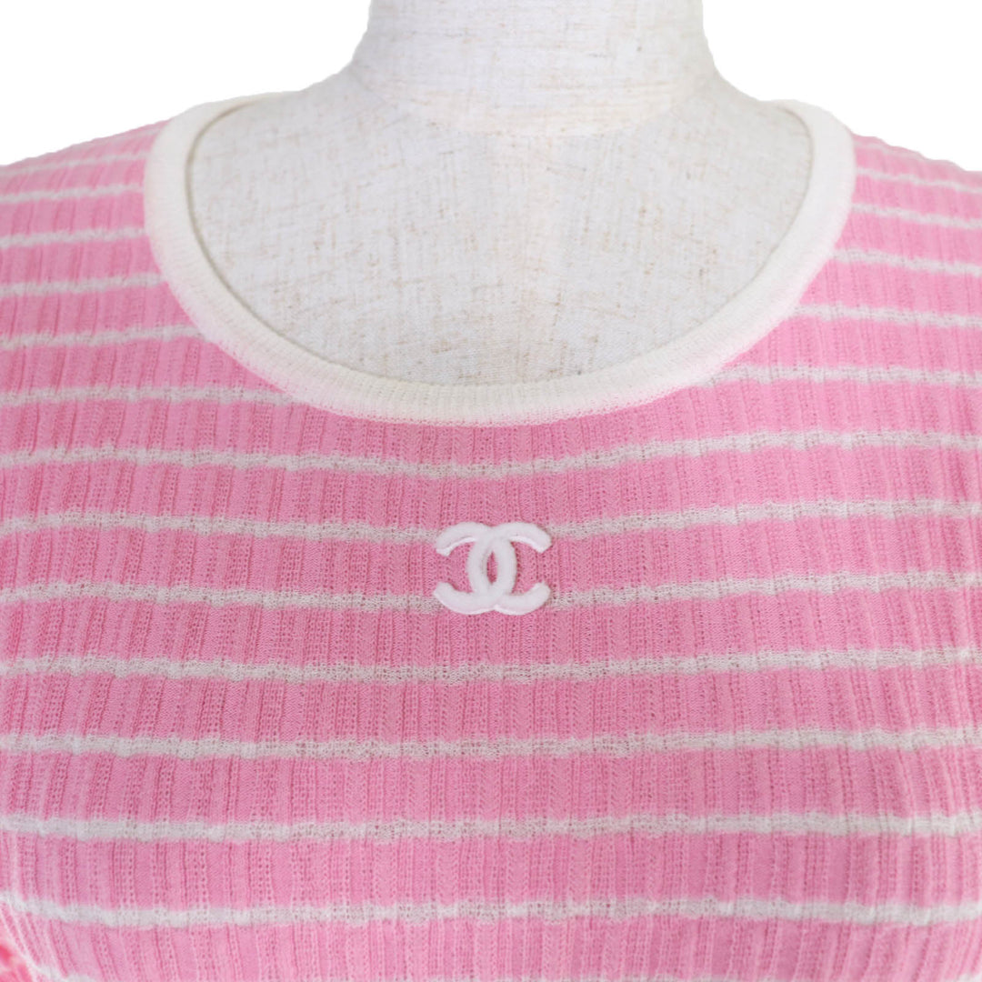 極美品☆CHANEL シャネル 24P P76857K11060 コットン ココマーク ショートスリーブ 半袖ニット ピンク 36 イタリア製 正規品 レディース