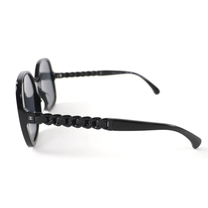 美品☆CHANEL シャネル 5470-Q-A ココマーク チェーン エナメルレザー使い サングラス ブラック 57□17 140 ケース付 伊製 レディース