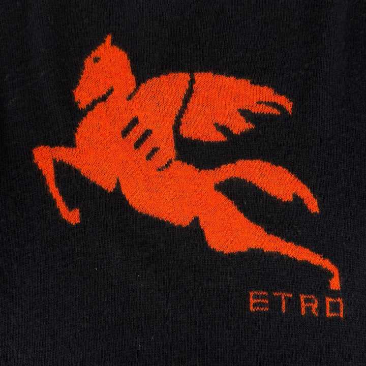 美品▲ETRO エトロ ペガソ ウール100％ ダメージ加工 ロングスリーブ ニット ネイビー オレンジ S イタリア製 正規品 レディース