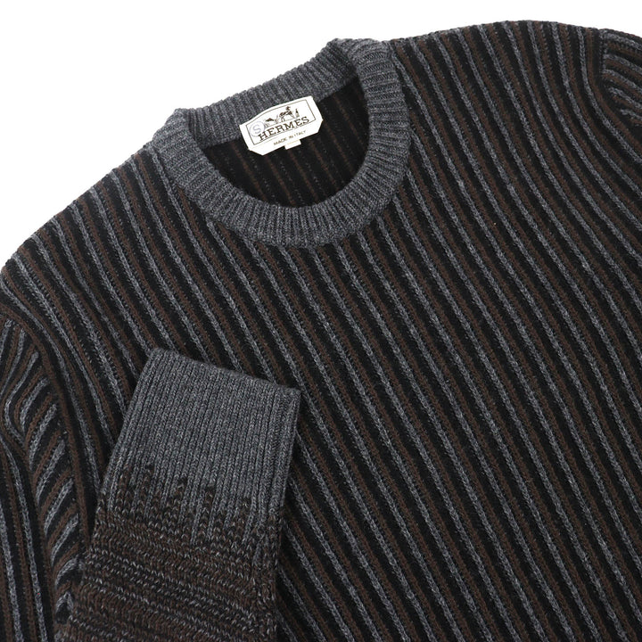 未使用品△HERMES エルメス ウール カシミヤ ストライプ柄 長袖 ニット セーター グレー ブラウン ブラック M イタリア製 メンズ