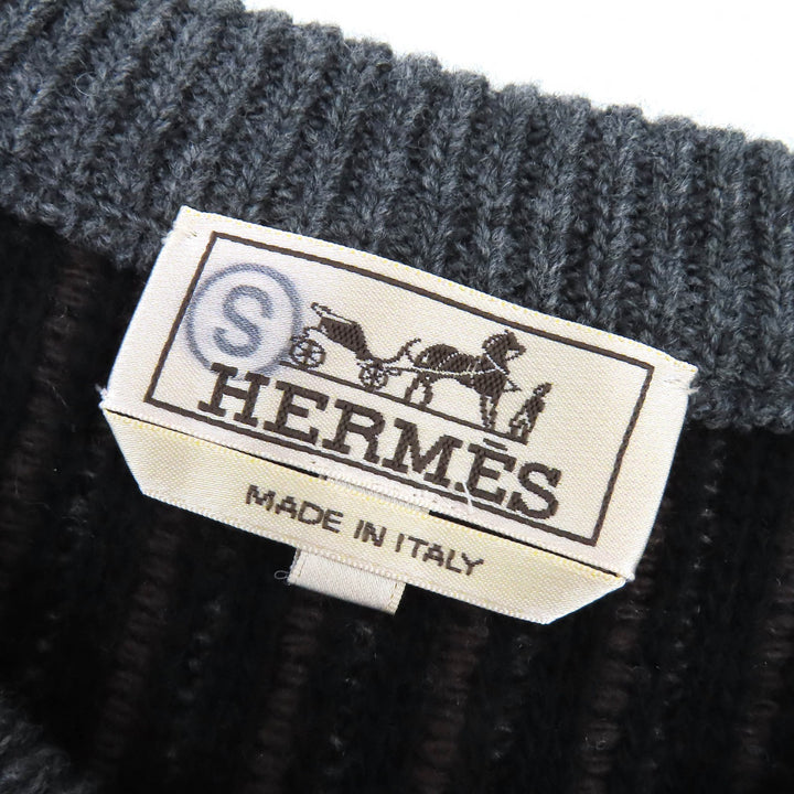 未使用品△HERMES エルメス ウール カシミヤ ストライプ柄 長袖 ニット セーター グレー ブラウン ブラック M イタリア製 メンズ