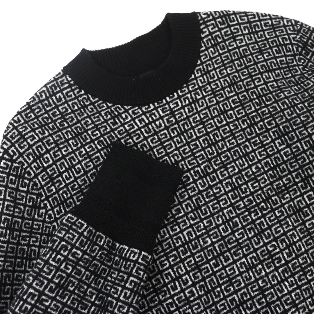 美品△GIVENCHY ジバンシィ BM90H84Y9F ウール 4G ロゴ総柄 長袖 ニット セーター ブラック ホワイト S 正規品 メンズ オススメ◎