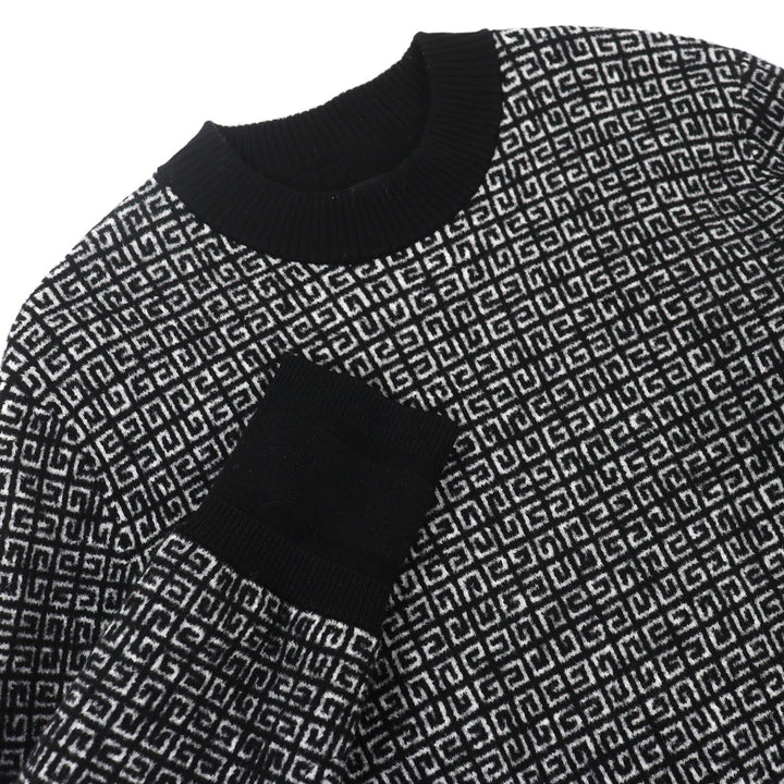 美品△GIVENCHY ジバンシィ BM90H84Y9F ウール 4G ロゴ総柄 長袖 ニット セーター ブラック ホワイト S 正規品 メンズ オススメ◎