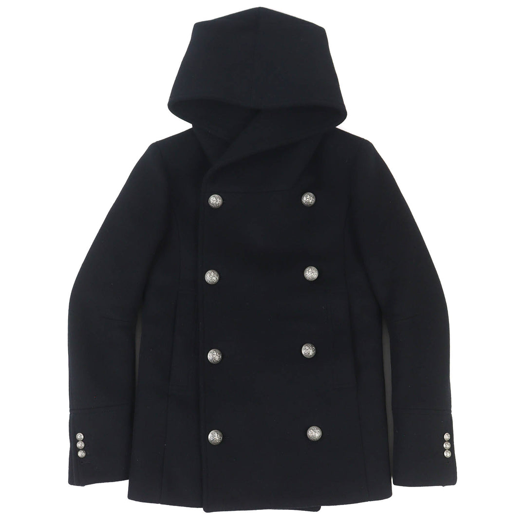美品△BALMAIN バルマン W5HT862D162 ウール100％ エンブレムボタン 中綿入り フーデッド Pコート ピーコート ブラック 44 仏製 正規品