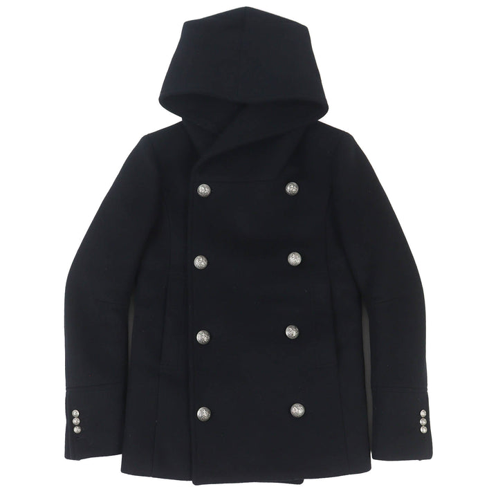 美品△BALMAIN バルマン W5HT862D162 ウール100％ エンブレムボタン 中綿入り フーデッド Pコート ピーコート ブラック 44 仏製 正規品