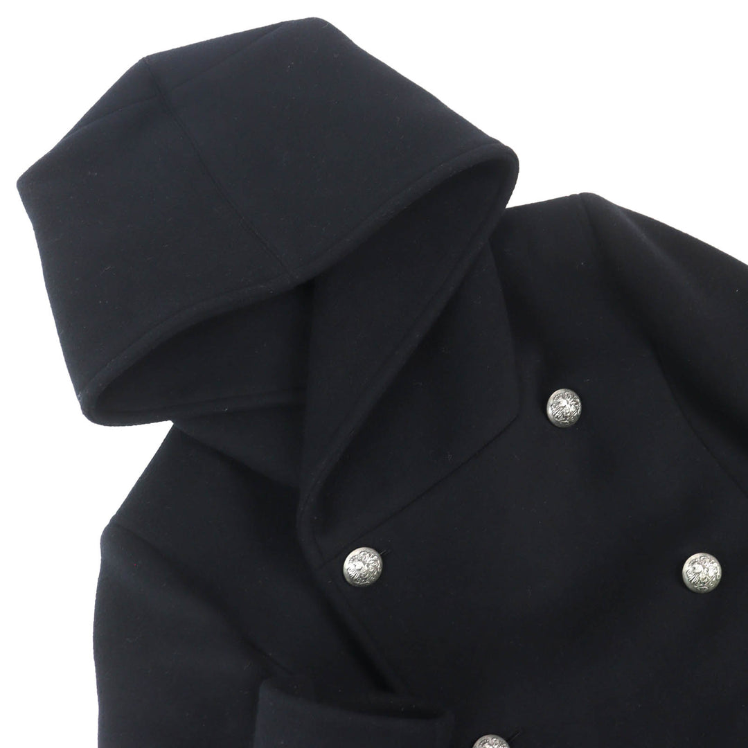 美品△BALMAIN バルマン W5HT862D162 ウール100％ エンブレムボタン 中綿入り フーデッド Pコート ピーコート ブラック 44 仏製 正規品