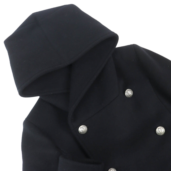 美品△BALMAIN バルマン W5HT862D162 ウール100％ エンブレムボタン 中綿入り フーデッド Pコート ピーコート ブラック 44 仏製 正規品