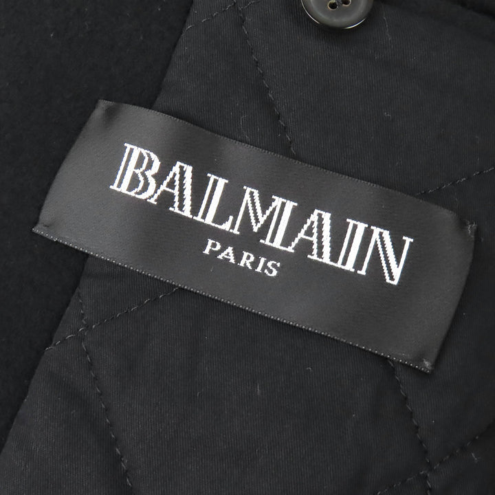 美品△BALMAIN バルマン W5HT862D162 ウール100％ エンブレムボタン 中綿入り フーデッド Pコート ピーコート ブラック 44 仏製 正規品