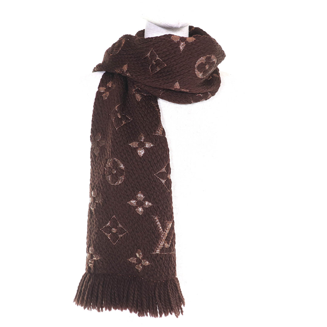 美品△LOUIS VUITTON ルイヴィトン 2019年製 M71383 エシャルプ ロゴマニア シャイン ウール シルク マフラー ブラウン ゴールド 正規品