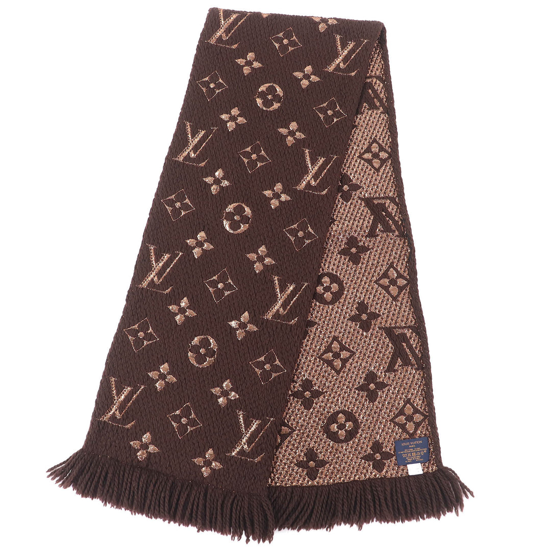 美品△LOUIS VUITTON ルイヴィトン 2019年製 M71383 エシャルプ ロゴマニア シャイン ウール シルク マフラー ブラウン ゴールド 正規品
