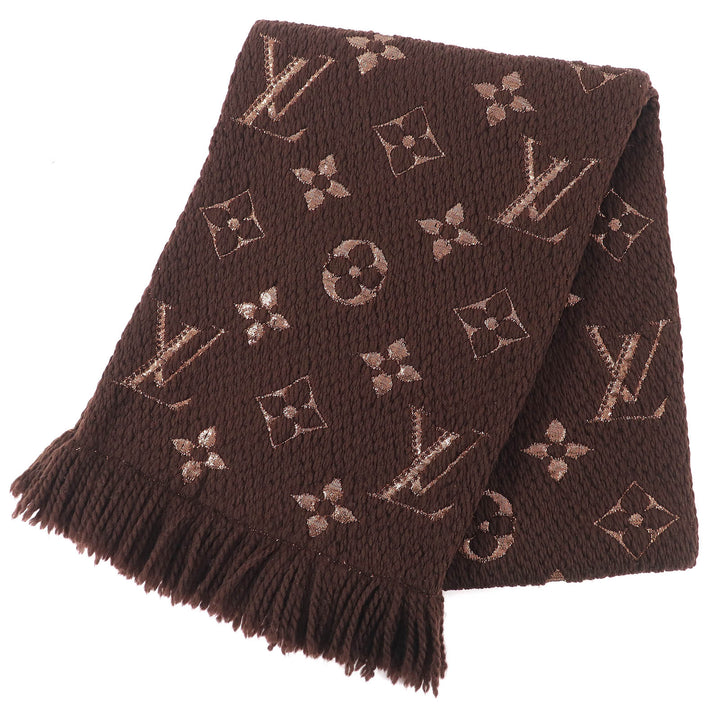 美品△LOUIS VUITTON ルイヴィトン 2019年製 M71383 エシャルプ ロゴマニア シャイン ウール シルク マフラー ブラウン ゴールド 正規品