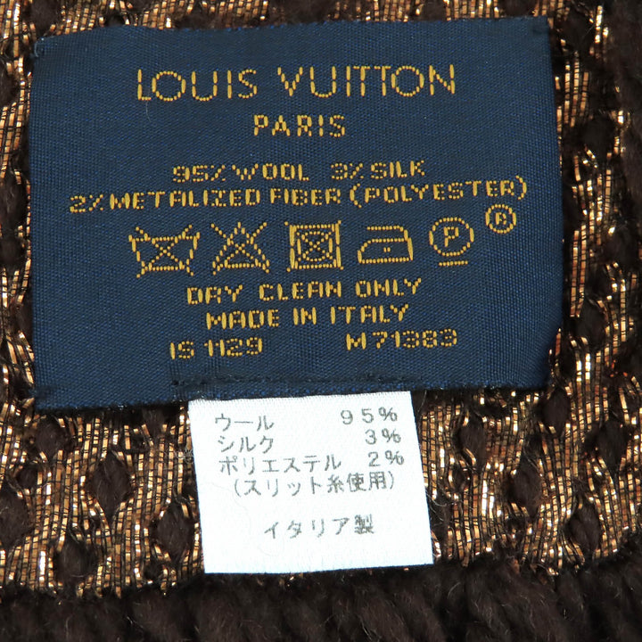 美品△LOUIS VUITTON ルイヴィトン 2019年製 M71383 エシャルプ ロゴマニア シャイン ウール シルク マフラー ブラウン ゴールド 正規品
