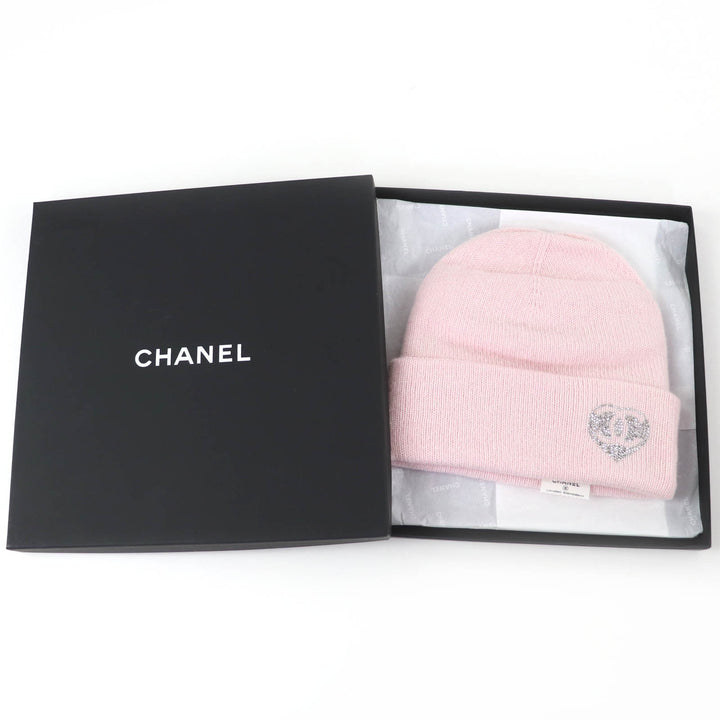 未使用品☆CHANEL シャネル カシミヤ100％ ココマーク ハート ラインストーン ニットキャップ ピンク 箱付 イタリア製 正規品 レディース