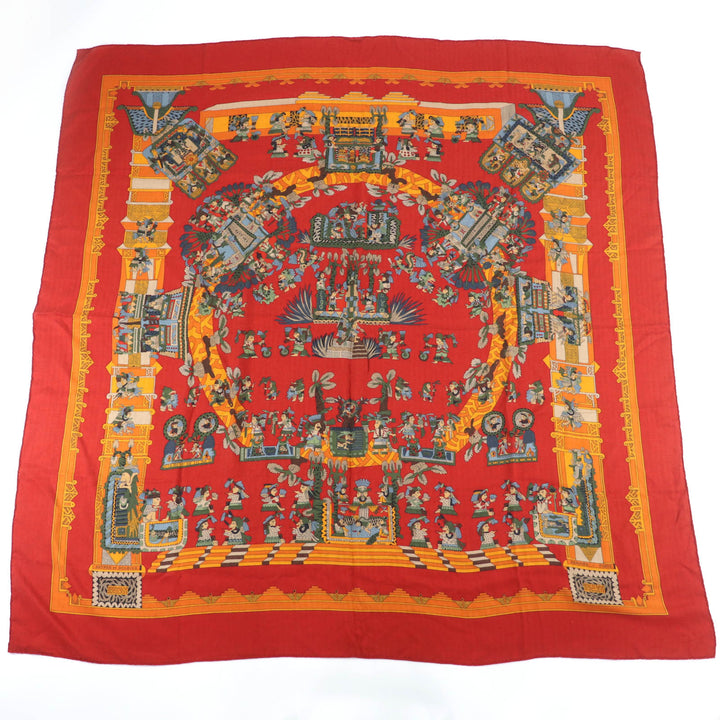 美品☆HERMES エルメス カレジェアン140 ASTRES et SOLEILS 天体と太陽 カシミヤ シルク 大判 ショール スカーフ レッド系 フランス製