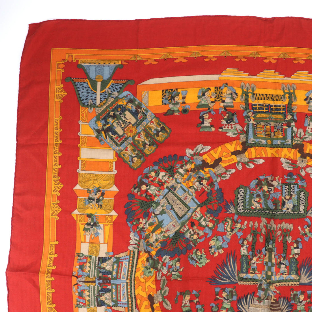 美品☆HERMES エルメス カレジェアン140 ASTRES et SOLEILS 天体と太陽 カシミヤ シルク 大判 ショール スカーフ レッド系 フランス製