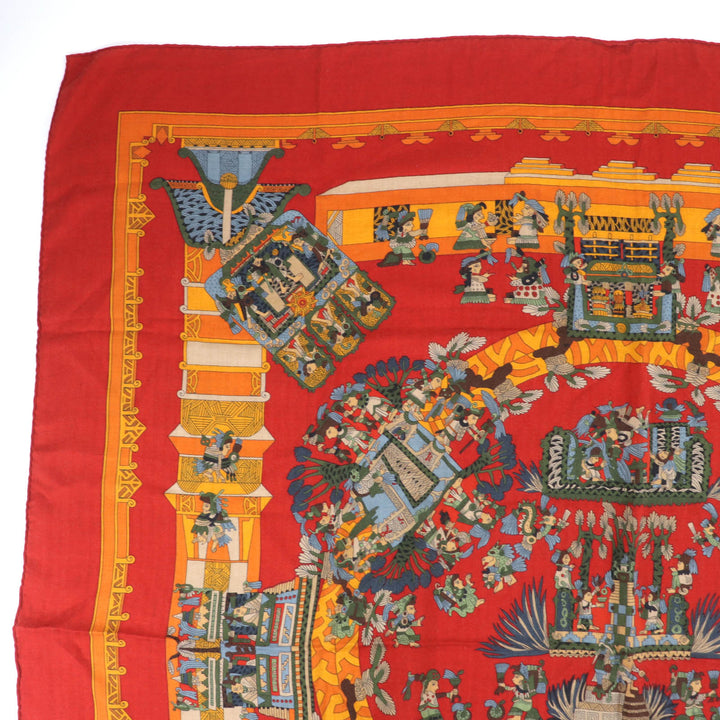 美品☆HERMES エルメス カレジェアン140 ASTRES et SOLEILS 天体と太陽 カシミヤ シルク 大判 ショール スカーフ レッド系 フランス製