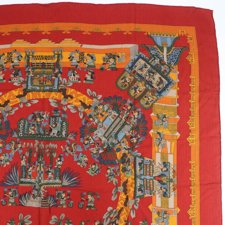 美品☆HERMES エルメス カレジェアン140 ASTRES et SOLEILS 天体と太陽 カシミヤ シルク 大判 ショール スカーフ レッド系 フランス製