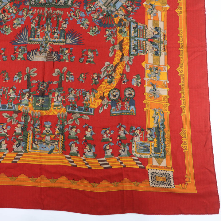美品☆HERMES エルメス カレジェアン140 ASTRES et SOLEILS 天体と太陽 カシミヤ シルク 大判 ショール スカーフ レッド系 フランス製