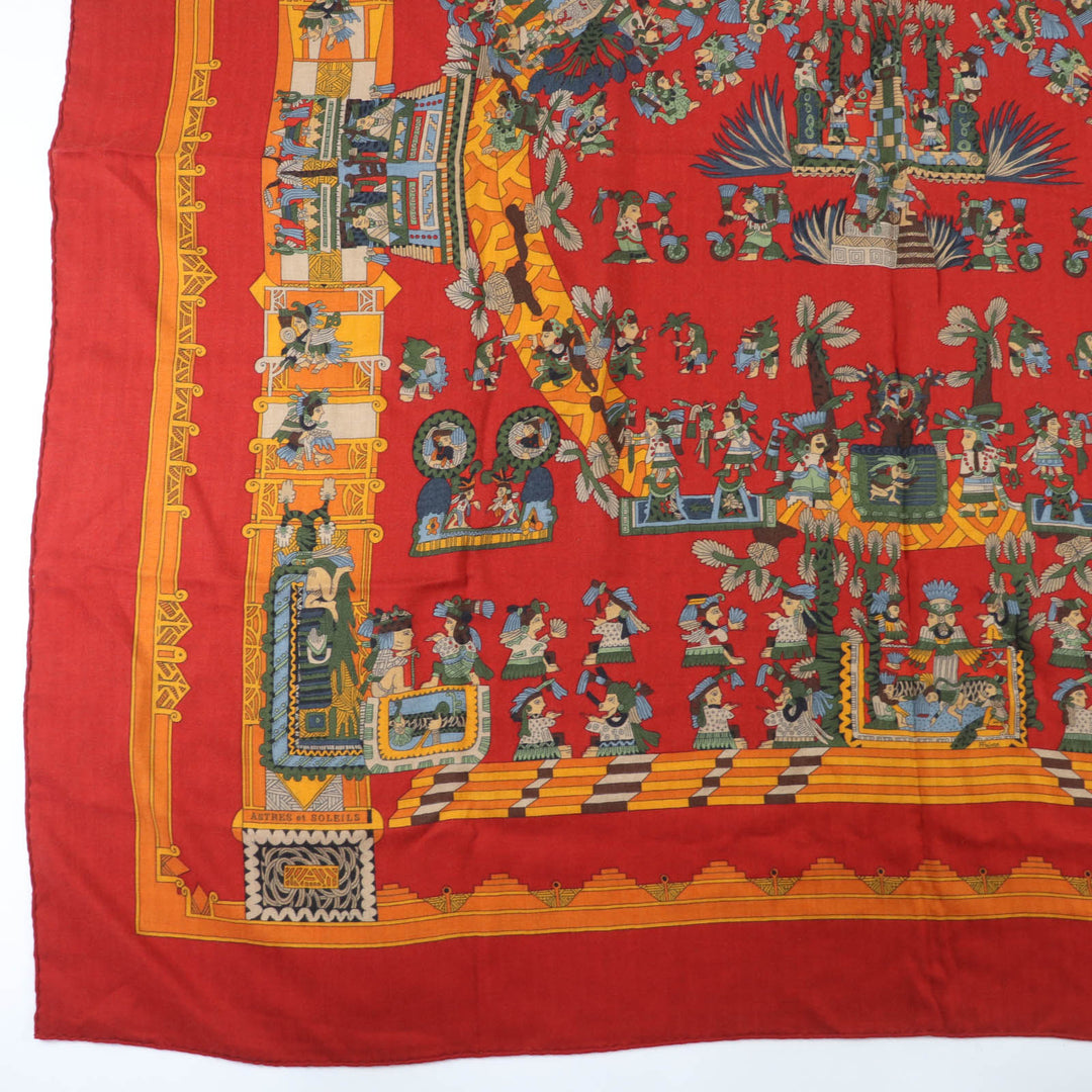 美品☆HERMES エルメス カレジェアン140 ASTRES et SOLEILS 天体と太陽 カシミヤ シルク 大判 ショール スカーフ レッド系 フランス製