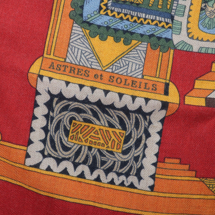 美品☆HERMES エルメス カレジェアン140 ASTRES et SOLEILS 天体と太陽 カシミヤ シルク 大判 ショール スカーフ レッド系 フランス製
