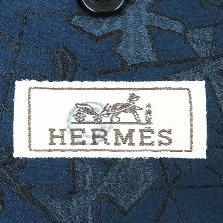 極美品△HERMES エルメス シルク混 総織柄 シングルジャケット テーラードジャケット ネイビー 50 イタリア製 メンズ オススメ◎