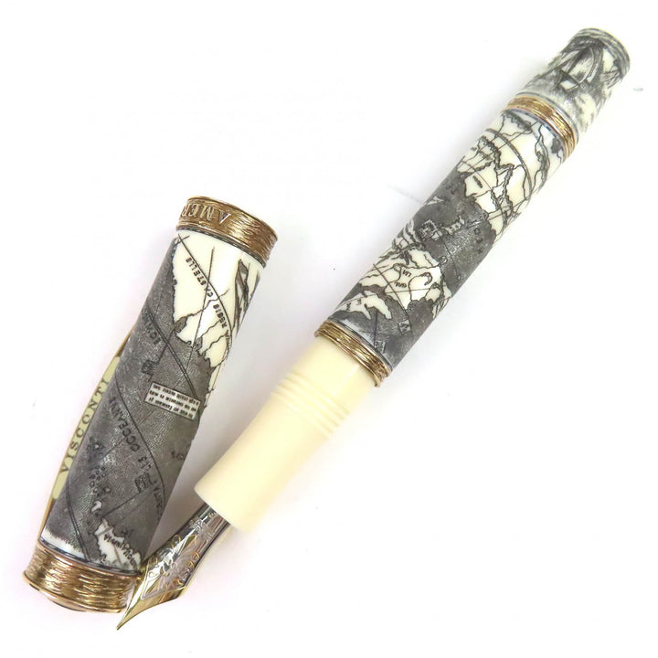 美品△Visconti ヴィスコンティ V55652 アメリゴ ベスプッチ 世界500本限定品 070/500 ペン先23KPd 万年筆 Fニブ アイボリー グレー