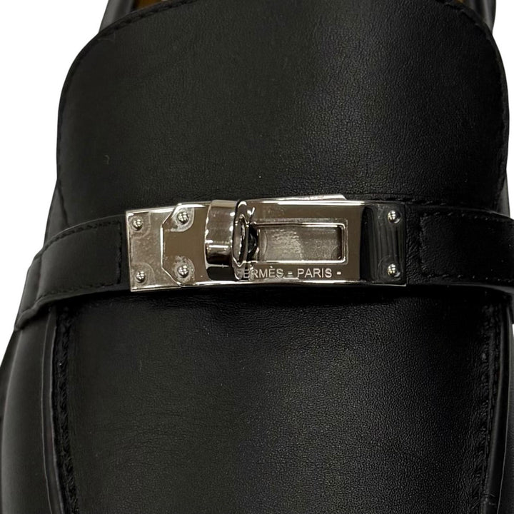 美品★HERMES エルメス モカシン アイコン シルバー金具 ケリー レザー ローファー ブラック 36.5 イタリア製 レディース