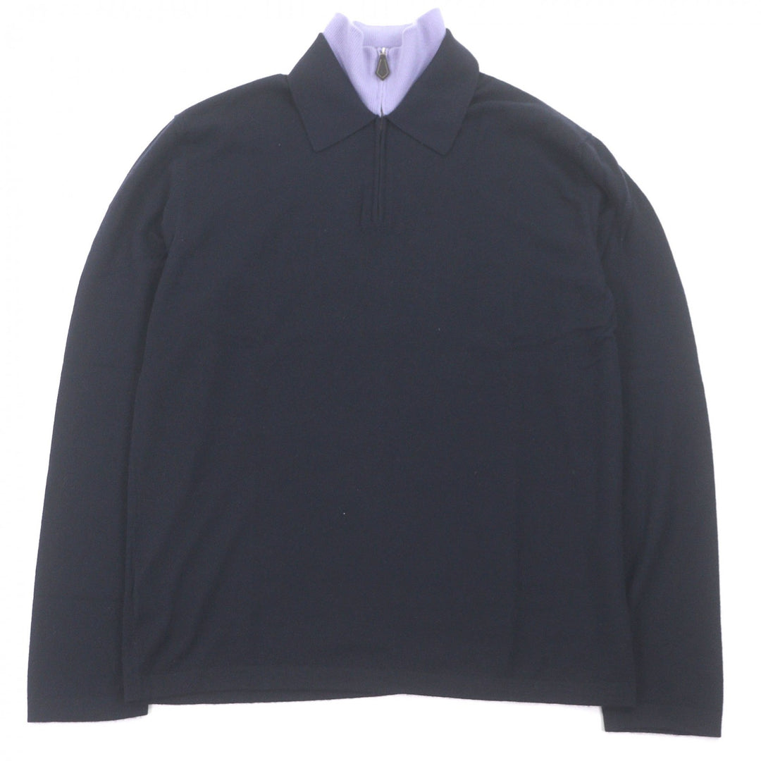 極美品□HERMES エルメス カシミヤ100％ ハーフジップ ドッキングデザイン 薄手 ニットポロ セーター ネイビー L イタリア製 正規品