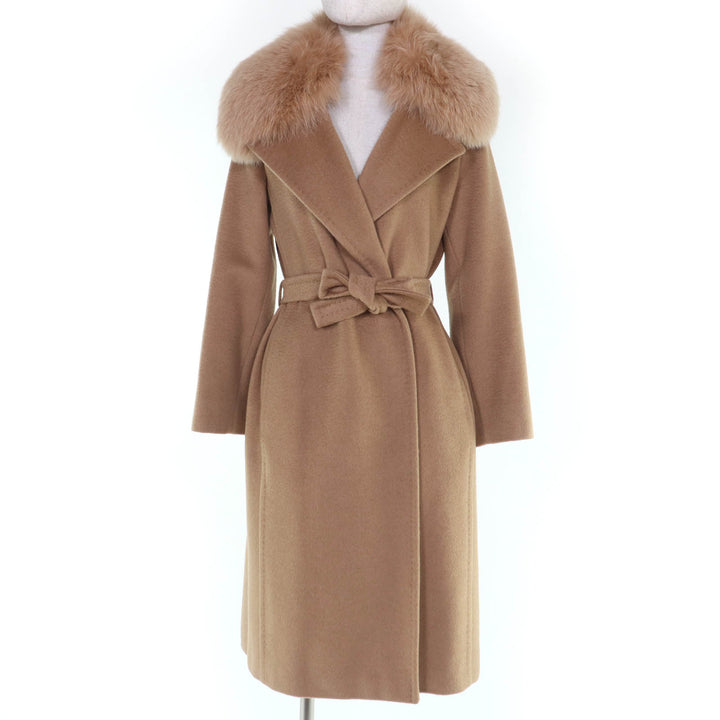 美品☆Max Mara マックスマーラ キャメル100％ 襟フォックスファー付 ベルトラップコート キャメル 36 イタリア製 正規品 レディース