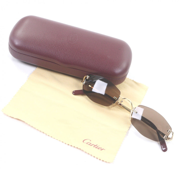 美品□Cartier カルティエ リムレス ツーポイント 135 サングラス アイウェア ゴールド ボルドー □22 ケース付き フランス製 メンズ