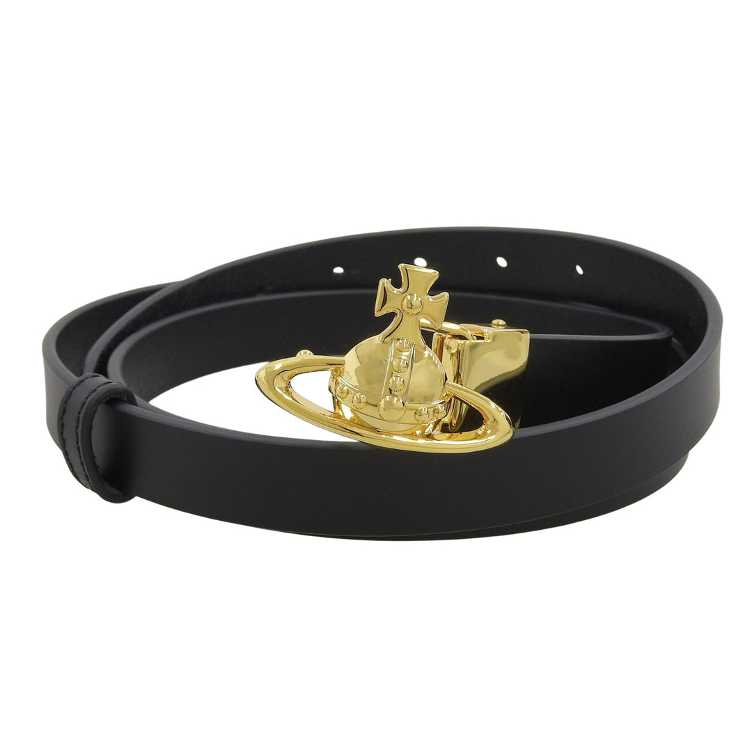 未使用品▲Vivienne Westwood ヴィヴィアンウエストウッド オーブバックル レザー ナローベルト ブラック ゴールド金具 イタリア製 メンズ