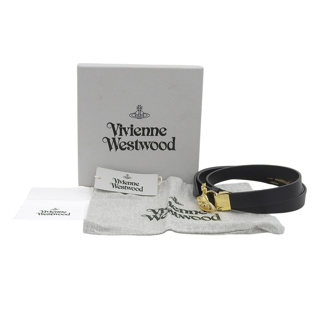 未使用品▲Vivienne Westwood ヴィヴィアンウエストウッド オーブバックル レザー ナローベルト ブラック ゴールド金具 イタリア製 メンズ