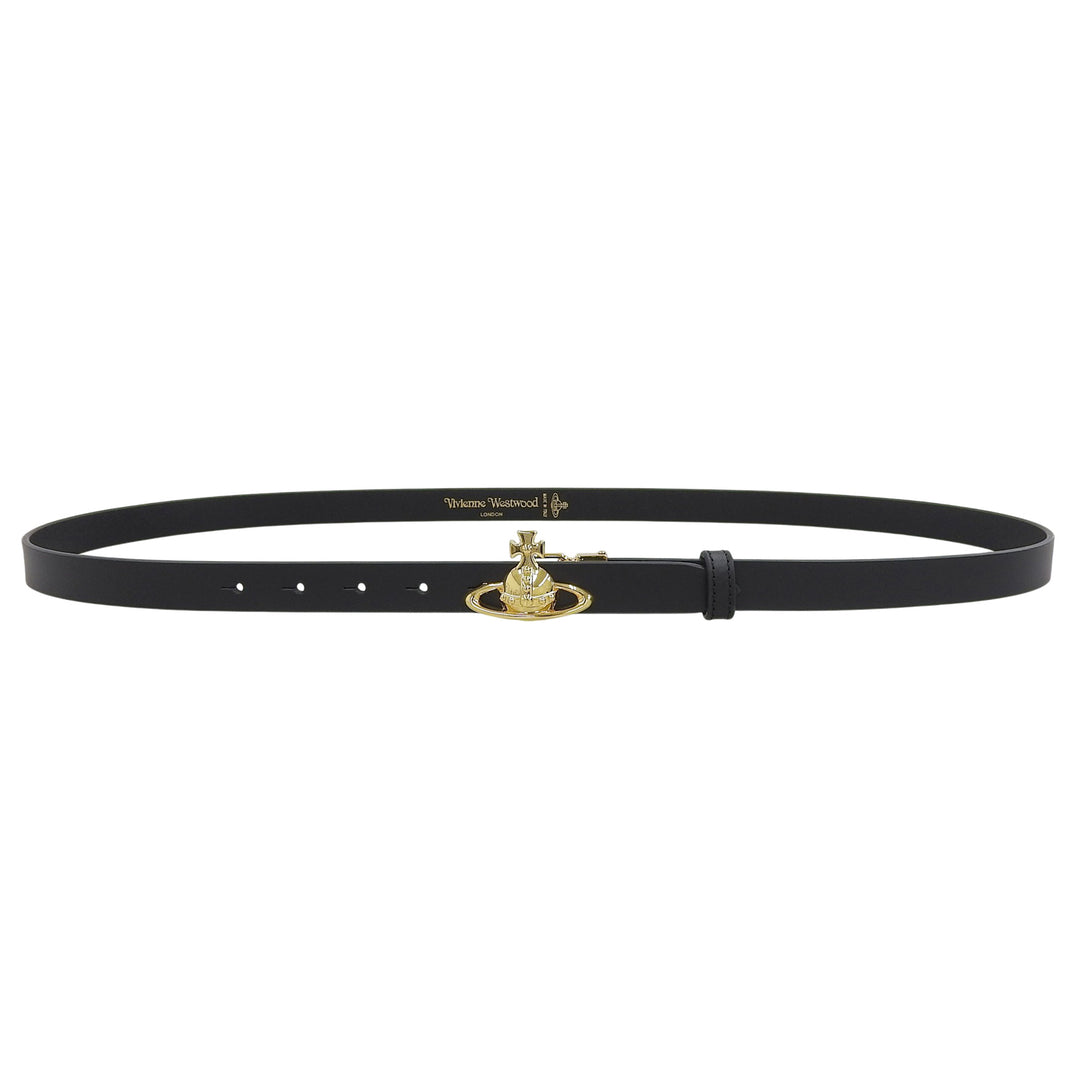 未使用品▲Vivienne Westwood ヴィヴィアンウエストウッド オーブバックル レザー ナローベルト ブラック ゴールド金具 イタリア製 メンズ