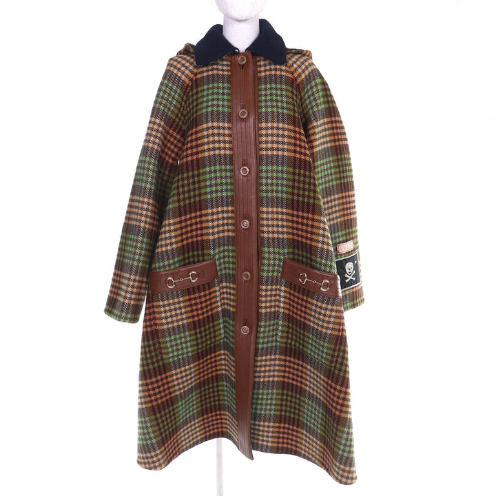 極美品△GUCCI グッチ 609030 チェック柄 裏地GG柄 ホースビット フード付き ロング ウールコート ブラウン系 グリーン系 40 伊製 正規品