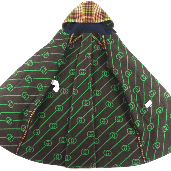 極美品△GUCCI グッチ 609030 チェック柄 裏地GG柄 ホースビット フード付き ロング ウールコート ブラウン系 グリーン系 40 伊製 正規品