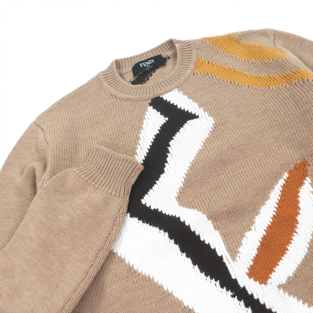 極美品□FENDI フェンディ 2021年製 FZX014 ウール100％ ロングスリーブニット 長袖 セーター ベージュ 48 イタリア製 正規品 メンズ